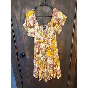 Angie Retro Floral Mini Dress Yellow Pink Boho Cutout Smocked Back NWT Size M
